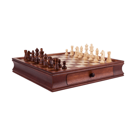 Antique Wooden Chess Set with 2 Built-In Drawers - Chess District